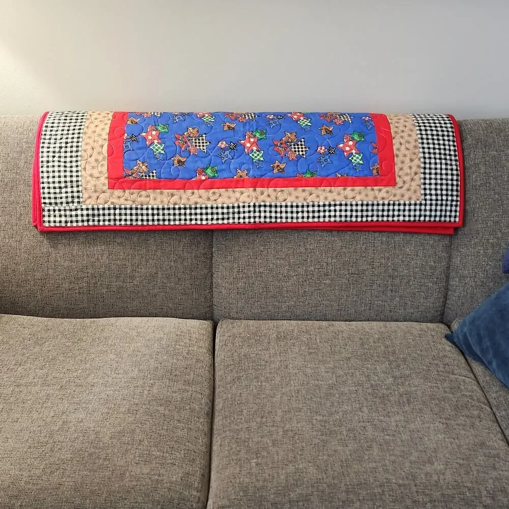 Handmade, New Lap quilt Blue & Red, Stars, Gingham, Wall Hanging, decor